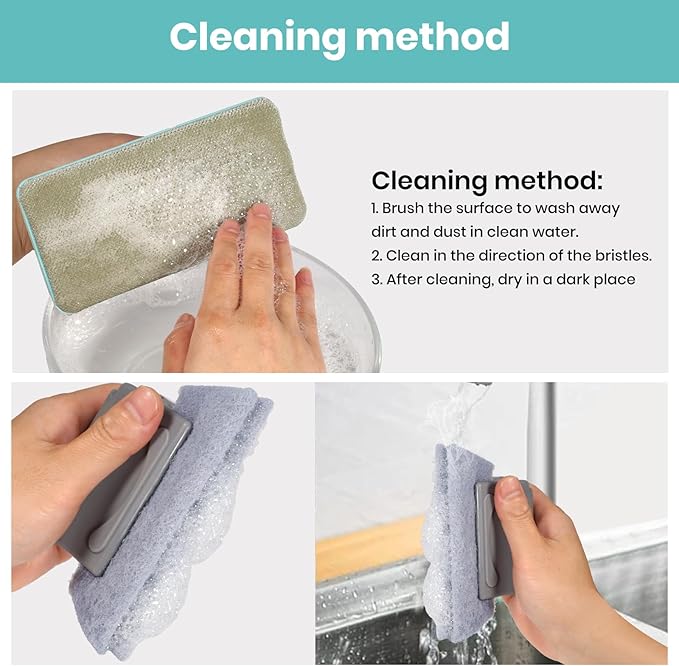 Window Screen Cleaner & Track Cleaning Kit – Mesh Screen Cleaning Brush + 3 Groove Brushes & 6 Replacement Cleaning Cloths – 14.8″ Detachable Long-Reach Handle, Wet & Dry Dual-Use