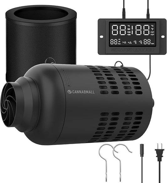 4 Inch Inline Duct Fan with EC Motor and Built-in Carbon Filter, Duct Fan Kit with Temperature Humidity Controller, Grow Tent Kits Ventilation System with Carbon Filter Combo