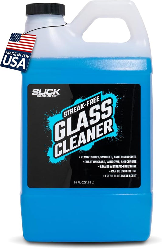 Slick Products Streak-Free Glass Cleaner – Ammonia-Free Window, Mirror, Chrome & Tint Cleaner – Removes Dirt, Smudges & Fingerprints – Ready-to-Use – 64 oz.