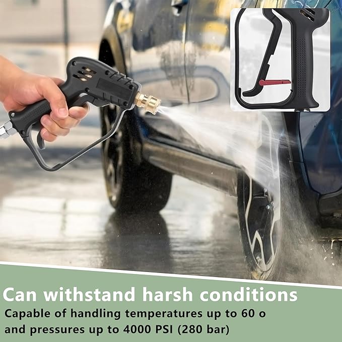 Short Pressure Washer Gun with Swivel, High Pressure Water Handle, Anti-Tangle Design, Max 4000 PSI with 5 Spray Nozzle Tips, 3/8'' Male Plug and M22-14/15mm Fittings for Car Detailing