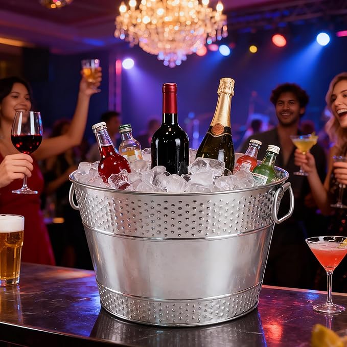 2PCS Galvanized Tub Ice Bucket For Parties, Thick Metal Galvanized Drink Buckets, Beverage Bucket with Handles,Drink Bucket for Indoor & Outdoor Party (Sliver)