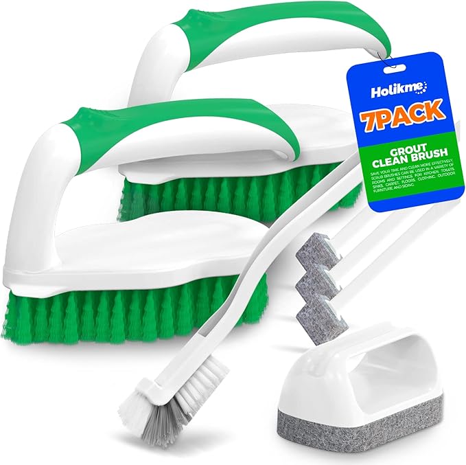 Holikme 7 Pack Deep Cleaning Brush Set, Scrub Pads with Scraper Tip for Pool Walls, Bathroom, Grout, Floor, Tub, Shower and Kitchen Surface (Green)