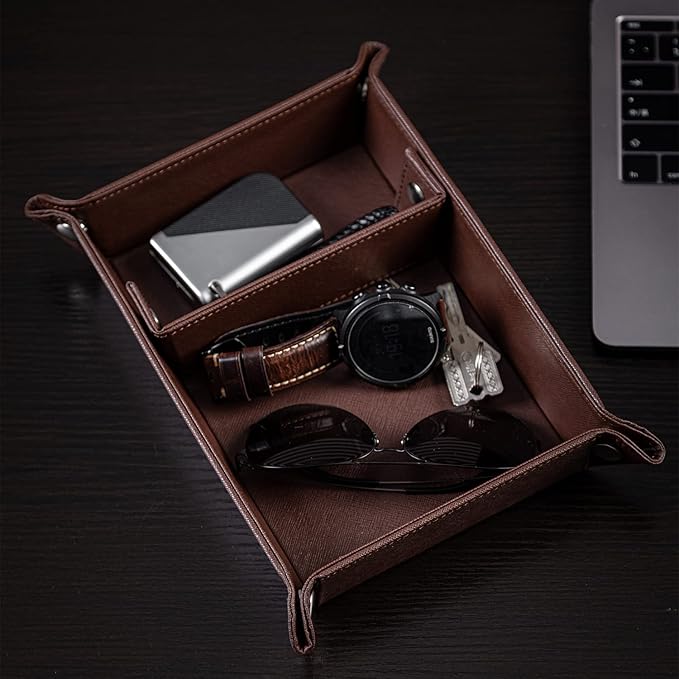BONNY DODO Valet Tray for Men PU Leather Tray Organizer with Partition, Storage Keys, Watch & Practical Storage for Table Nightstand Living Room Bedroom (Dark Brown)
