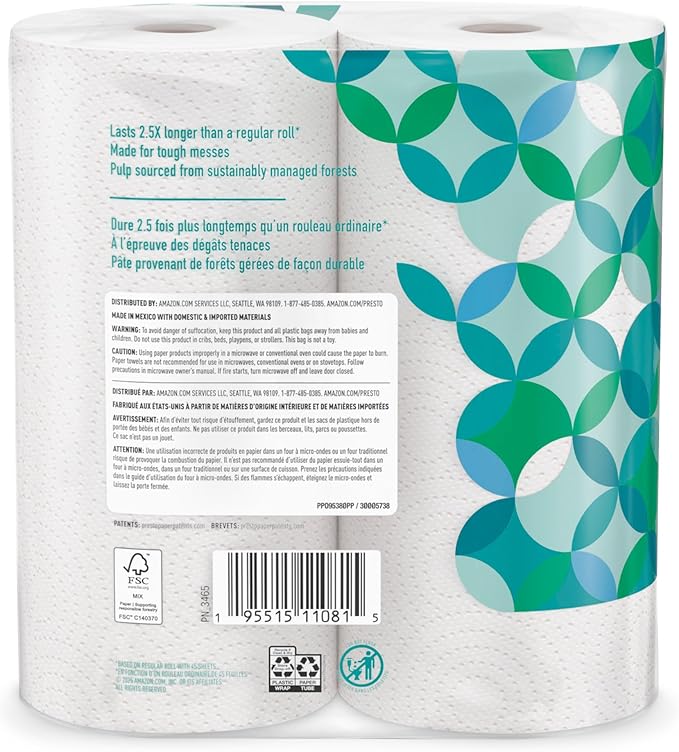 Amazon Brand - Presto! Ultra-Strong Premium Paper Towels - Flex-a-Size, 128 Sheet Family Roll, 16 Rolls (8 Packs of 2)