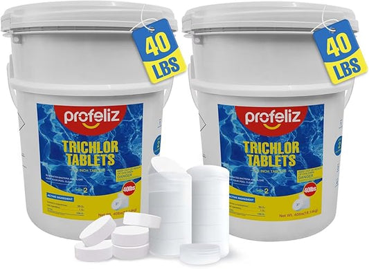 PROFELIZ 2-Pack Chlorine Tablets 3 Inch for Swimming Pools, Kills Bacteria and Stops Algae, Slow Dissolving,Exclusive Protective Packaging,Pool Chlorine Tablets,2X 40 lbs Bucket,Total of 80lbs
