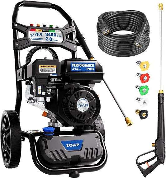 TOOLCY 3400 PSI Gas Pressure Washer, High-Performance 212cc OHV Engine, Reinforced Pump. Onboard Soap Tank, 30FT Hose, Spray Gun & 5 Nozzles, Max 2.8 GPM, Cars Homes Patios Fences Driveways