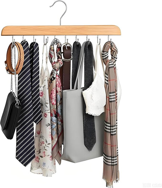 Bra Hanger for Closet Organizer, Wooden Tank Top Hangers with 20 Foldable Hooks, 360° Rotating Design, Space Saving Storage for Tank Tops, Bras, Scarves, Belts, Ties etc (1, Wood)