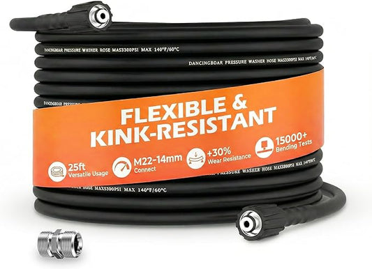 Pressure Washer Hose 25FT 1/4", 3300 PSI Wear & Kink Resistant Power Washer Hose with Extension Connector for Gas and Electric Pressure Washers, Compatible with M22-14mm