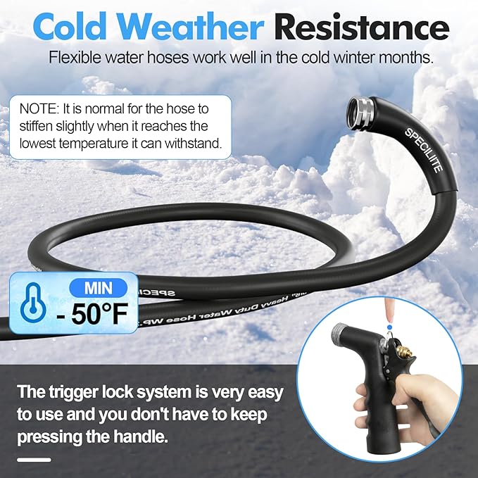 SPECILITE 5/8" Hot/Cold Garden Hose 100 ft with Industrial High Pressure Nozzle, Flexible & Lightweight, 600psi Burst Rubber Water hose -50℉-158℉ With 3/4"Stainless Steel Fittings for Yard, Black