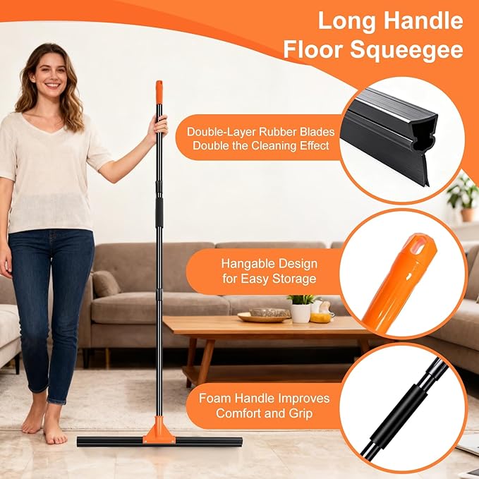 Heavy Duty Floor Squeegee for Concrete Tile Cleaning, 24" Rubber Wiper Squeegee Broom with Long Handle, Commercial Scrubber Mop for Garage Deck Bathroom Kitchen Pool Glass