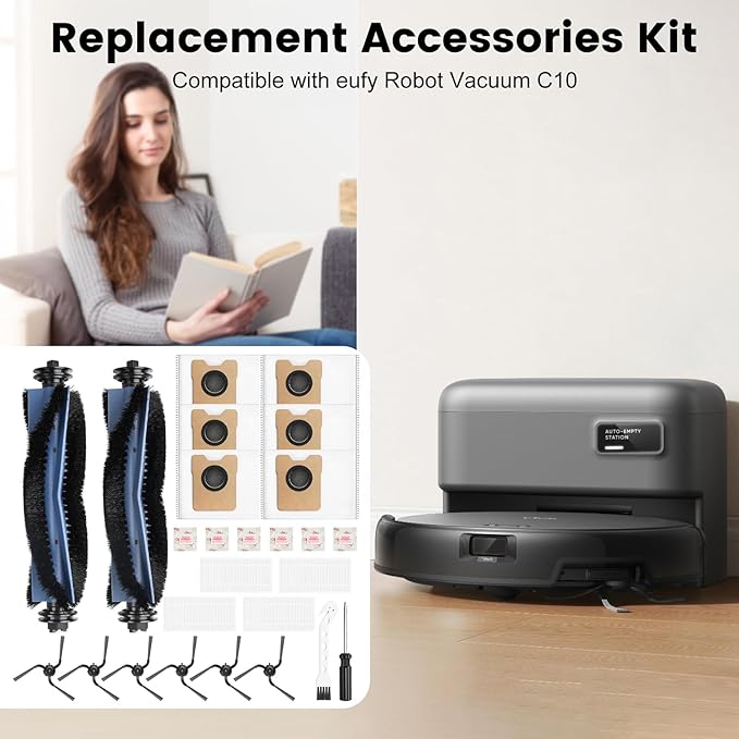 26 Pack Robot Vacuum Replacement Parts Compatible with Eufy C10 Robot Vacuum，2 Mainbrush 4 Filter 6 Dust Bag 6 Sidebrush 1Cleaning Brush 1Screwdriver,6 Incense Chips