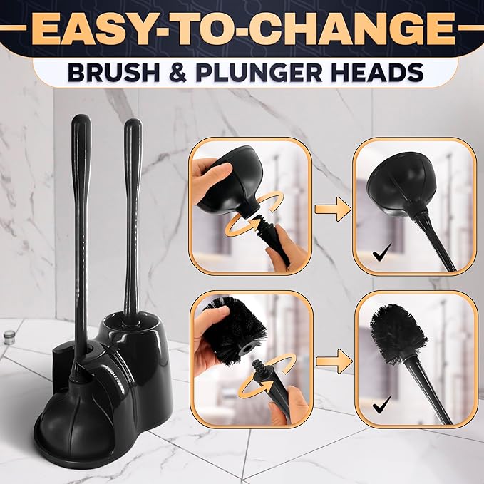 2-in-1 Black Toilet Brush and Plunger Set with Holder – Compact Bathroom Cleaning Combo, Strong Rubber Plunger & Stiff Bristle Brush, Space-Saving Stand, Fits Most Standard Toilets, 9.3×6.3×15.2 inch