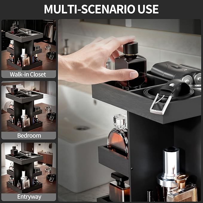 Cologne Organizer for Men, 3-Tier Large Capacity Wood 360° Rotating Cologne Stand, Desk/Nightstand/Bathroom Counter Perfume Storage, Birthday/Father's Day Gifts for Men(Black)
