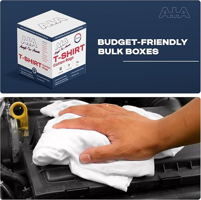 Angel-in-Armor White T-Shirt Rags – 5lb Box of Recycled Cotton Knit Shop Rags (65 Units) – Low Lint Cleaning Cloths for Mechanics, Oil Changes, Industrial and Commercial Use