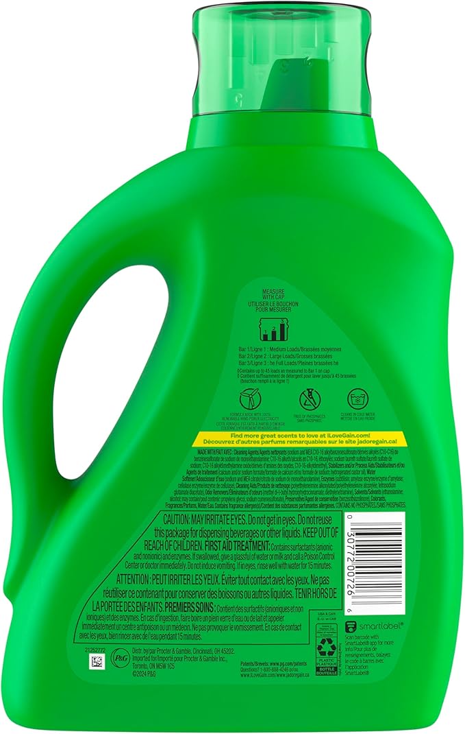 Gain Odor Defense Liquid Laundry Detergent, Super Fresh Blast Scent, 2 x 65 fl oz, 2 x 45 loads, total of 90 loads, 2 in 1, Laundry Detergent Liquid Soap, HE compatible