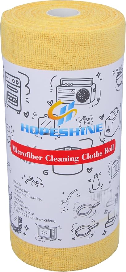 HOPESHINE Microfiber Cleaning Cloth Roll 50-Pack Reusable Paper Towels Washable for Cars Care Wash Supplies Kitchen Dish Rags House Window Cleaning Cloths Lint Free Tear Away Ultra Absorbent (Yellow)