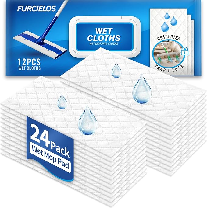 24 Count Disposable Wet Mop Pad Compatible with Clorox Mop, Sweeper Mop, or Other Standard Mopping Tools, Floor Wipes for Mopping Cleaning, Unscented