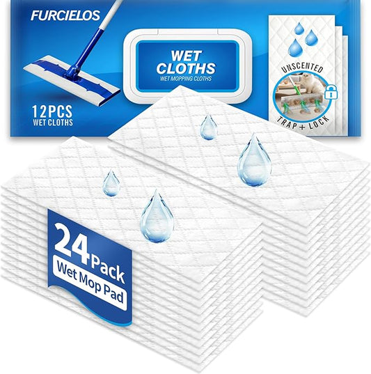 24 Count Disposable Wet Mop Pad Compatible with Clorox Mop, Sweeper Mop, or Other Standard Mopping Tools, Floor Wipes for Mopping Cleaning, Unscented