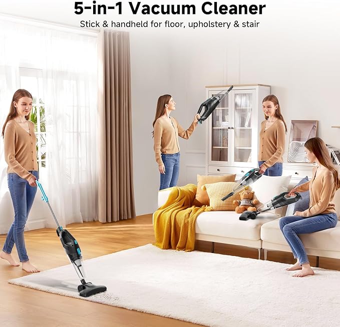 Corded Stick Vacuum Cleaner - Lightweight, Powerful Suction with 450W Motor, 3-in-1 16.4Ft Cord Vacuum Cleaners for Home, Hard Floor, Carpet, Pet Hair Light Blue