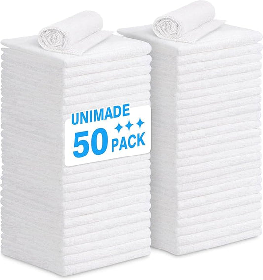 Shop Towel Rags, 50 Pack Reusable Shop Rags Bulk Microfiber Cleaning Cloth Lint Free Cleaning Towels for Car Kitchen Automotive Bar Mechanic Restaurant Garage, 11.5"x 11.5", White