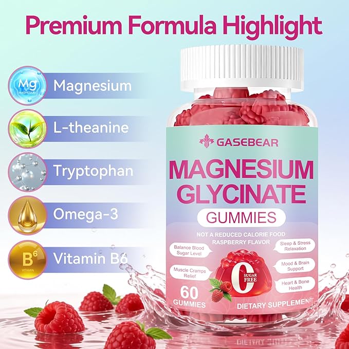 Magnesium Glycinate Gummies 400mg, Sugar Free Vegan Magnesium Supplement for Adults & Kids with L-threonate, B6, Tryptophan & Omega-3 for Sleep, Muscle & Calm Support, 60 Raspberry Chewables