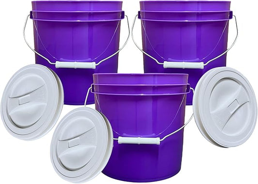 House Naturals 2 Gallon Purple Food Grade BPA Free Made in USA Bucket with Screw On Lid - Pack of 3 (White lids)