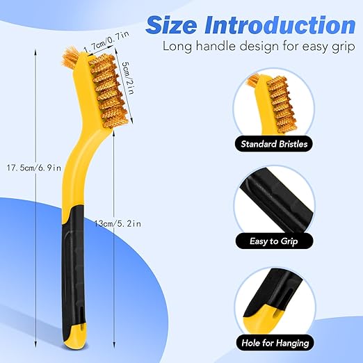 Wire Brush Set, 6 Pcs Brass/Stainless Steel/Nylon Wire Brushes for Cleaning with Curved Handle Grip for Rust Removal, Dirt, Paint Scrubbing(Yellow)