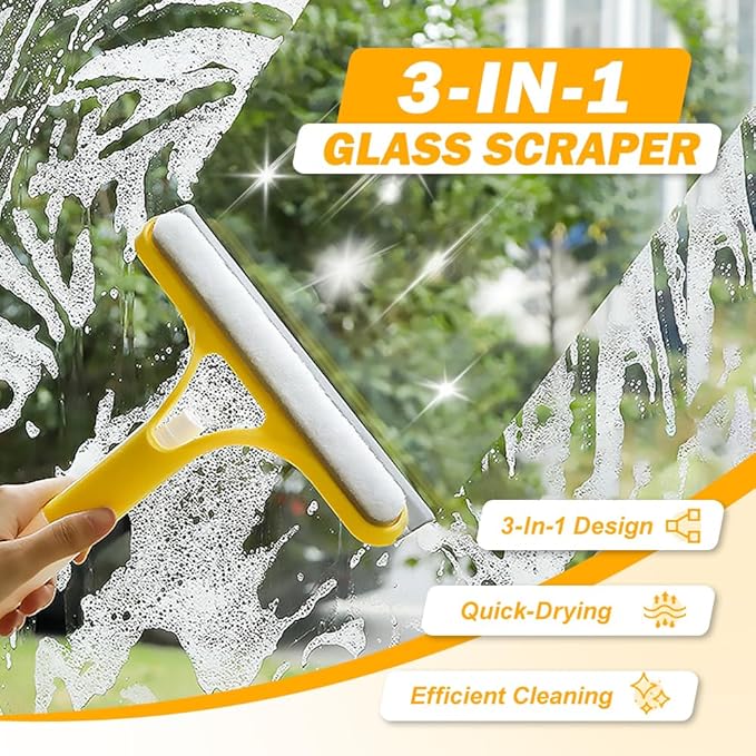 3 in 1 Window Cleaning Scraper, 3 in 1 Squeegee for Window Cleaning, All Purpose Window Cleaner Tool for Windows, All-Purpose Window Cleaner Tools (Yellow)