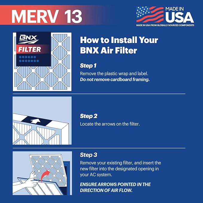 BNX TruFilter 16x25x1 MERV 13 (2-Pack) AC Furnace Air Filter - MADE IN USA - Electrostatic Pleated Air Conditioner HVAC AC Furnace Filters - Removes Pollen, Mold, Bacteria, Smoke