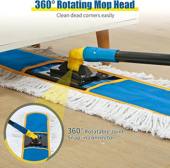 24" Commercial Dust Mop for Floor Cleaning, Heavy Duty Large Industrial Floor Duster with 2 Cotton Mops Pads, Wet Dry Mops for Hardwood Floors,Concrete,Marble,Laminate,Tile,Garage,Blue