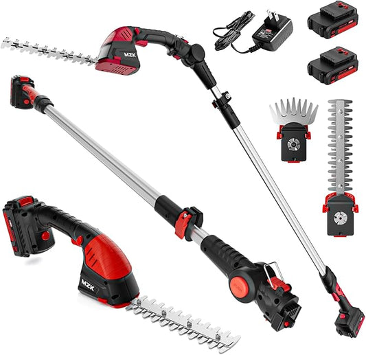 MZK 2-in-1 20V Pole Mini Hedge Trimmer & Grass Shear, 13ft Reach, Electric Hedge Trimmer with Extension Pole, Multi-Angle (2*Batteries and Charger Included) HT08D11