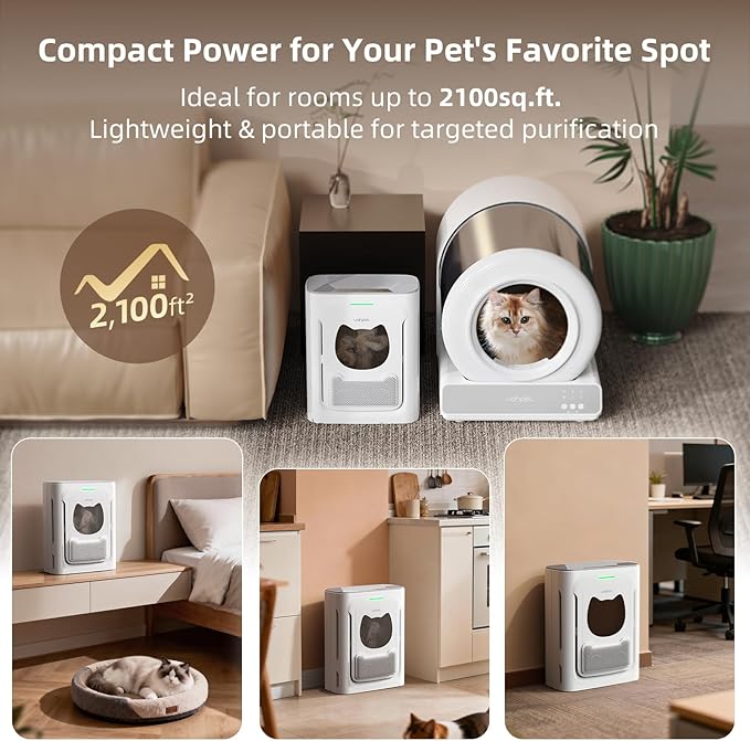 uahpet Pet Air Purifier for Home, Reduce Pet Hair, Dander, Odors, Dust, Smoke for Large Rooms up to 2100 Ft², Air Cleaner with H13 HEPA, Washable Pre-Filter & Air Quality Monitor, White+Gray