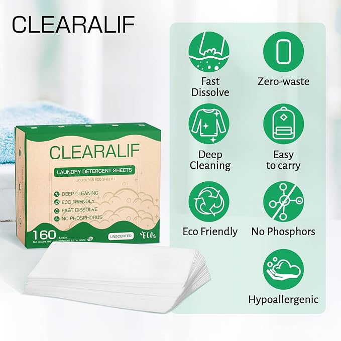 CLEARALIF Laundry Detergent Sheets up to 160 Loads (80sheets), Unscented, Laundry Detergent Strips Eco Friendly & Hypoallergenic