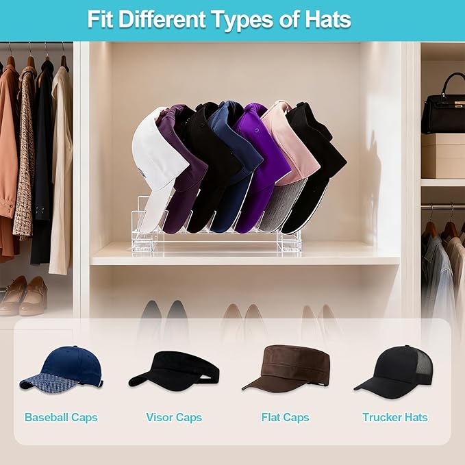 2 Pack Acrylic Hat Organizer for Baseball Caps, Clear Hat Stand for Closet Dresser Bedroom and Shelf - Non-Slip Cap Holder Displays and Holds Up to 14 Tennis or Trucker Hats