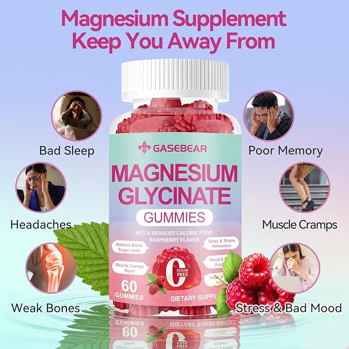 Magnesium Glycinate Gummies 400mg, Sugar Free Vegan Magnesium Supplement for Adults & Kids with L-threonate, B6, Tryptophan & Omega-3 for Sleep, Muscle & Calm Support, 60 Raspberry Chewables