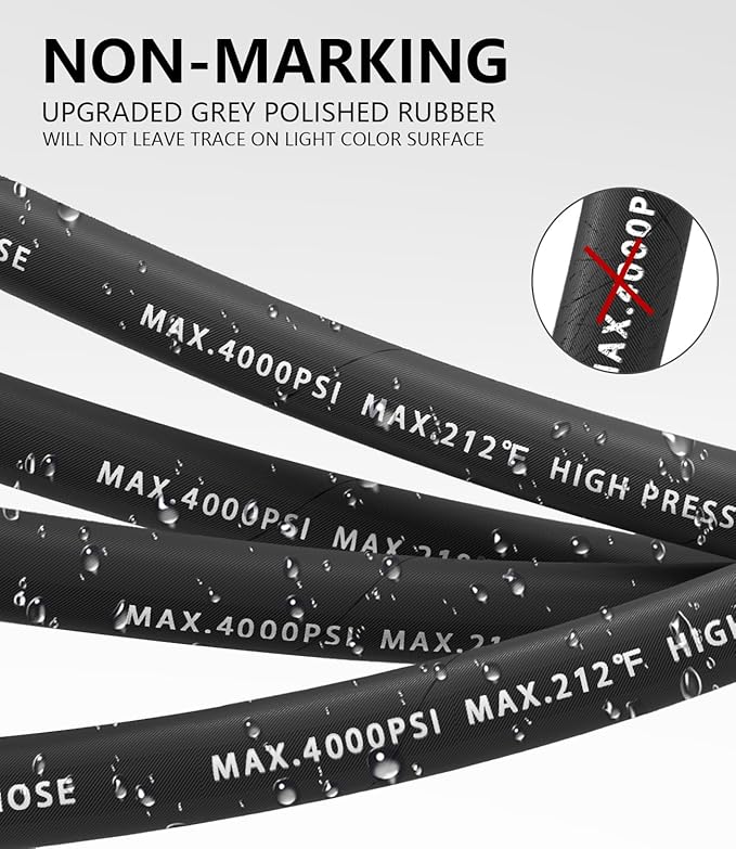 Pressure Washer Hose 200FT 4000 PSI, Kink Resistant Steel Braided Layer & NonMarking Rubber for Hot/Cold Water, High Power Washer Hose With 3/8 Inch Quick Connect & M22 Fitting, Black