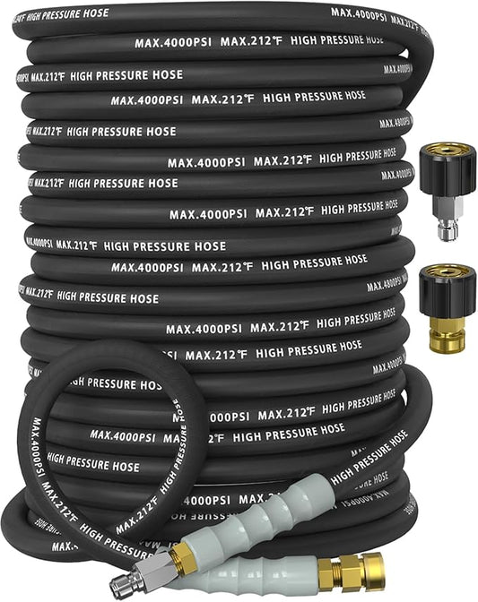 Pressure Washer Hose 150FT 4000 PSI, Kink Resistant Steel Braided Layer & NonMarking Rubber for Hot/Cold Water, High Power Washer Hose With 3/8 Inch Quick Connect & M22 Fitting, Black