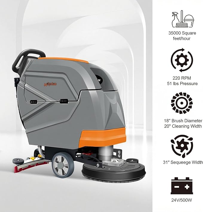 PENNON N3Plus Self-Propelled Walk-Behind Floor Scrubber - 20" Cleaning Path, 31" Squeegee, 13-Gal Recovery Tank, 220 RPM, Forward & Reverse Drive, One-Touch Noise Reduction, Complete Kit