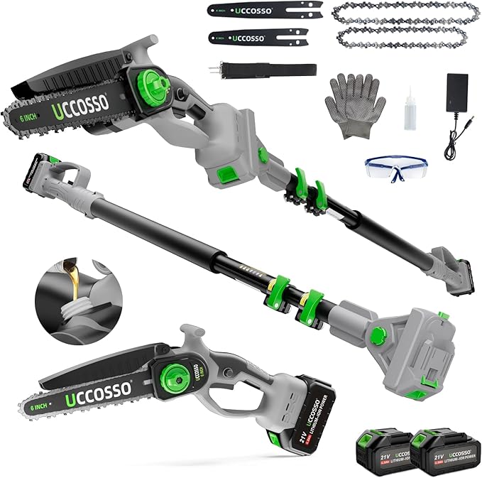 3-in-1 Electric Pole Saws for Tree Trimming 6&8" Mini Chainsaw Cordless with Extension Pole, 850W Brushless Motor,Auto Oiling,Total Reach of Max 15ft, Pole Saw for Home & Garden & DIY