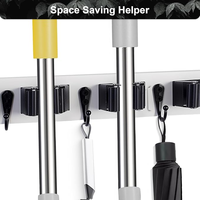 2 Pack Broom Holder Wall Mount With 5 Slots & 4 Hooks，Rustic Wood Broom & Mop Hanger，Wall Mounted Garden & Garage Tool Storage Organizer Rack for Closet Laundry Room or Kitchen Wall Decor White