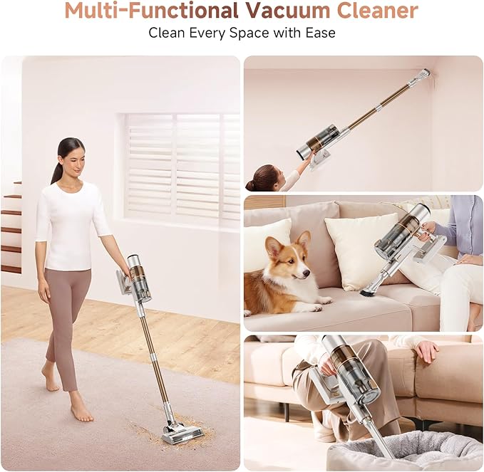 Cordless Vacuum Cleaner: Portable 6-in-1 Stick Vacuum with Anti-Tangle Brush, LED Headlight, Self-Standing, HD display, Rechargeable Vacuum for Pet Hair, Low-Pile Carpet and Hardwood Floor-Off White