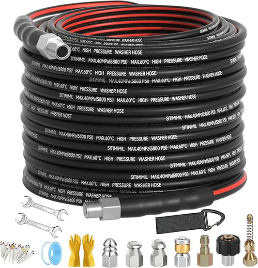 Sewer Jetter Kit for Pressure Washer 100FT, Drain Cleaner Hose 1/4 Inch NPT, NPT Corner Swivel and Push Button Nose Sewer Jet Nozzle Wrenches Gloves Waterproof Tape Pearl Brooch,5800PSI