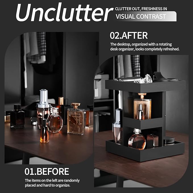 Cologne Organizer for Men, 3-Tier Large Capacity Wood 360° Rotating Cologne Stand, Desk/Nightstand/Bathroom Counter Perfume Storage, Birthday/Father's Day Gifts for Men(Black)
