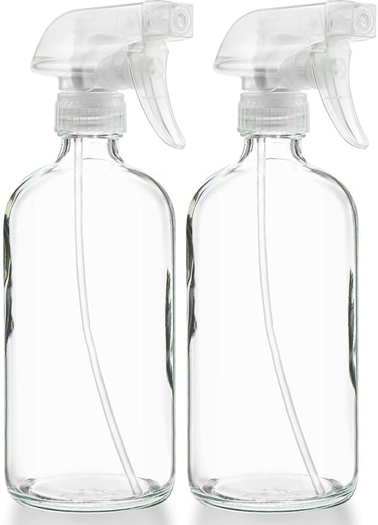 Sally's Organics® Empty Clear Glass Spray Bottles - Refillable 16 oz Containers for Essential Oils, Cleaning Products, Aromatherapy, Misting Plants, or Cooking - Sprayer with Mist and Stream - 2 Pack