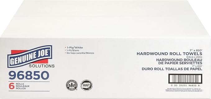 Genuine Joe Hardwound Roll Towels, White, 7" x 850', 6 Count