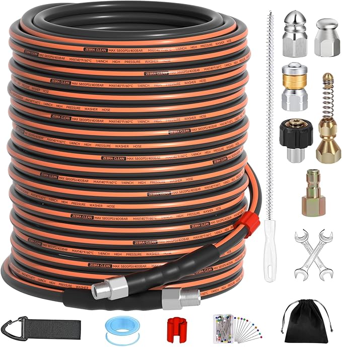200FT Sewer Jetter Kit for Pressure Washer, 1/4" NPT Corner Drain Cleaner Hose 5800 PSI with Sewer Jetting Nozzles, Pearl Corsage Pin, Waterproof Tape, Extension Cord Organizer&2 Spanner
