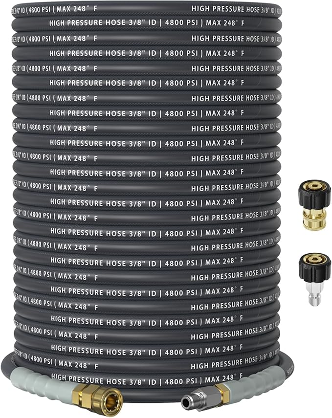 3/8" 4800PSI Pressure Washer Hose 150FT with 360° Swivel Quick Connect, Flexible & Kink Resistant Steel Wire Braided & Durable for Hot/Cold Water, High Power Washer Hose With M22 14mm Adapter