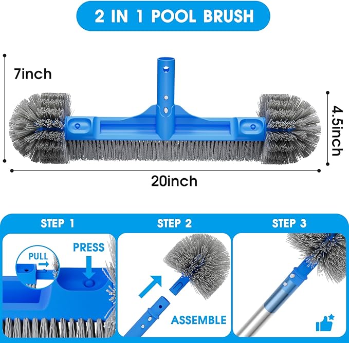 Pool Brush Set - 20’’ 2-in-1 Detachable Round Brush with Extra Side Brush for Cleaning Hard-to-Reach Corners, 9 FT Aluminum Extended Pool Pole with Hidden Hook Retriever