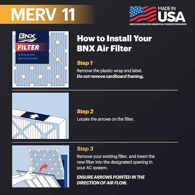 BNX 16x20x1 MERV 11 Air Filter 12 Pack - MADE IN USA - Electrostatic Pleated Air Conditioner HVAC AC Furnace Filters - Removes Dust, Mold, Pollen, Lint, Pet Dander, Smoke, Smog