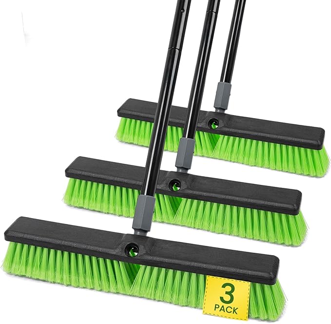 3 Pack 18” Push Broom Outdoor Heavy Duty, Garage Shop Broom with 59.5" Long Bandle for Cleaning Outdoor or Indoor Tile, Garage, Shop, Deck, Concrete, Wood, Stone, Patio Floor, with Soft Bristles